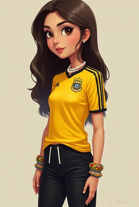  create an image of a thin girl 1 , 60 in height , long dark brown hair ,  hairstyle with a stripe in the middle,  brown eyes,  small nose, thin lips, wear pearl crabanas , colored woven bracelets on the wrists ,  yellow t-shirt with black stripes of the P...