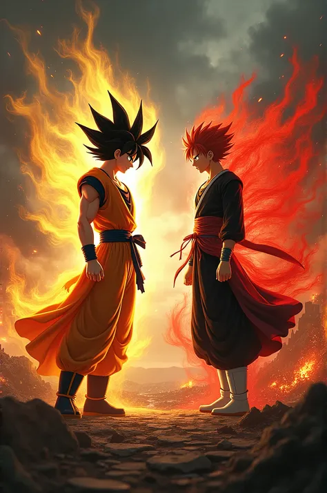 Goku in Super Saiyan form and Ichigo Kurosaki in his Bankai stand face-to-face in a destroyed world. The cracked earth, smoldering ruins, and dark clouds create a desolate backdrop. Goku’s golden aura flares intensely, his piercing eyes fixed on Ichigo. Ic...