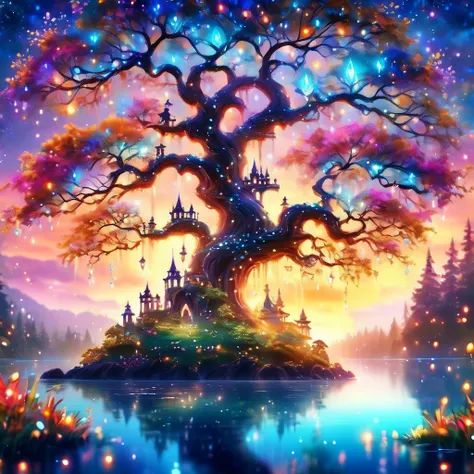 Enchanted land, pristine waters, colors and beauty, bokeh details, hd, shimmering lights on treetops,magical serene tranquil fairy realm, sunrise and laughter, love, love gorgeous dancing cosmic love.