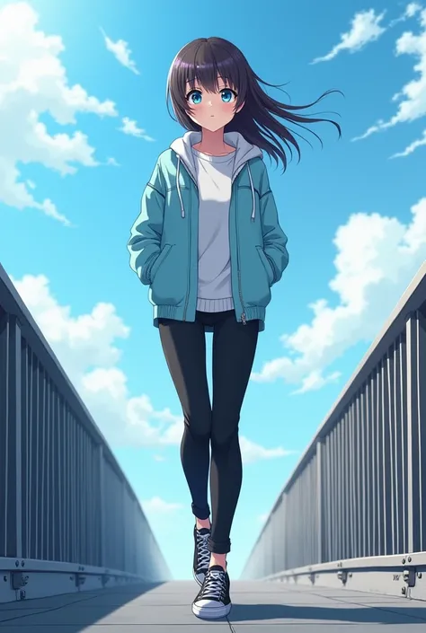  you can make an 18-year-old girl , PIEL BLANCA,  dark brown hair and waist length (long),  sky blue eyes, white flannel, light blue jacket,  black pants ,  black sports shoes, That he is walking over the railing of the bridge ,  anime style  