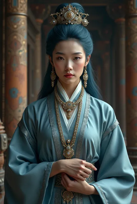 Upper body shot, Asian woman, Blue Velvet hair, closed mouth, antique gray noble outfit, jewelry, dynamic pose, complex fantasy character, NSFW, cinematic lighting, fantasy, magic, detailed background, in an ancient palace, best quality, HDR, 8k, photoreal...