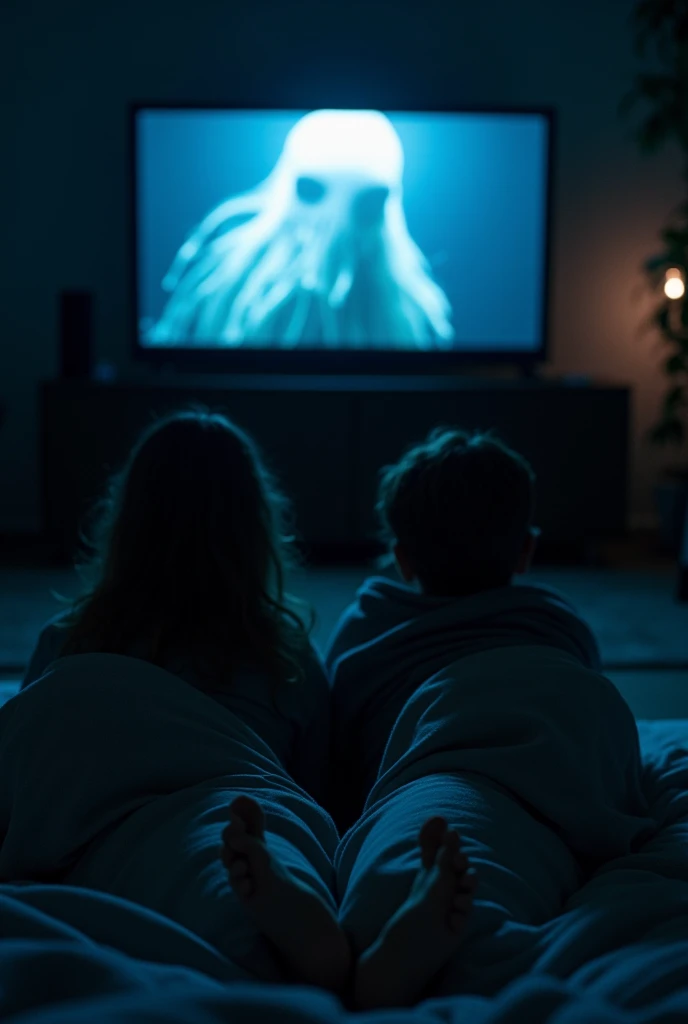 Un couple qui regarde la série squid game dans le noir en voyant que leur jambe et leur pieds sous une couverture 