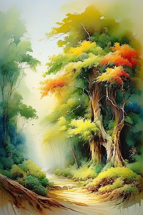 Watercolor、Banyan、Abstract、 high res,  top quality , masterpiece, 