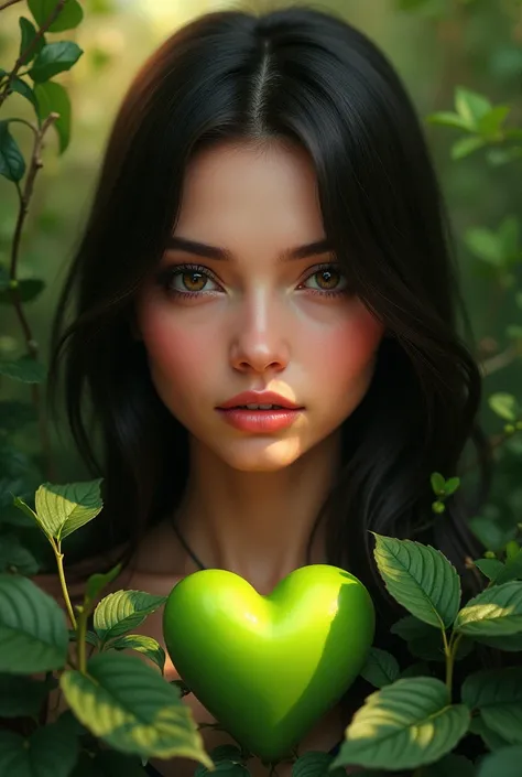 Brunette woman with straight and dark hair with a green heart and plants