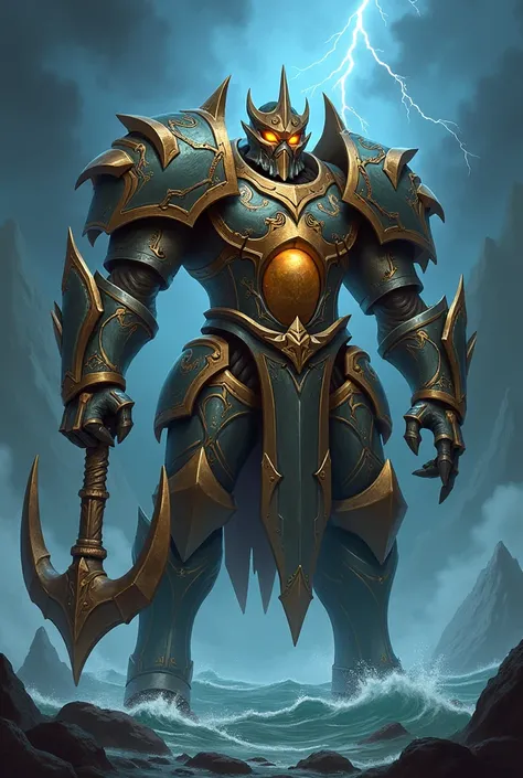 A powerful and imposing Warforged character inspired by Nautilus from League of Legends. The Warforged has a massive, metallic body with intricate ancient designs, featuring large, anchor-like gauntlets and an armored body with ornate details. The characte...