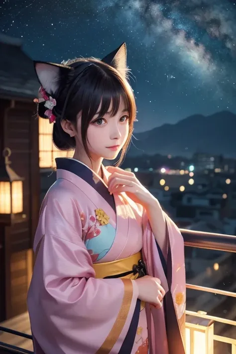  anime cat ear girl 、 Girl in Kimono Clothes with Cat Ears, Looking over your shoulder, Anime illustration by Yang J ,  pixiv contest winner with a star on his head, Serial Art, デジタル animated illustration レーション, Kawashi,  anime style illustration,  anime s...