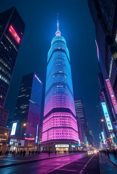 Tokyo city at night ,  in front of a building with blue and pink lights ,  the perspective looking up and no people around