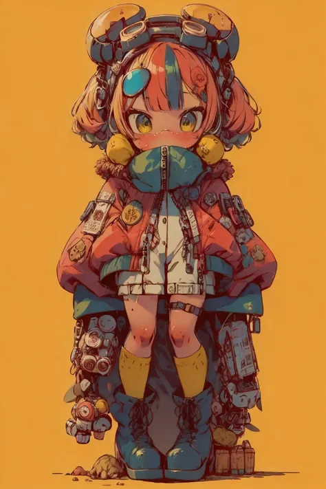   full body portrait , (  super detailed ,  Super high resolution ,   detailed background ),((2D)),((  flat color)),((achromatic  )),  1 girl,,   viewers,   loose red flight suit  ,   wear large sheepskin colored bomber jacket, ( big yellow boots  ),  Plus...