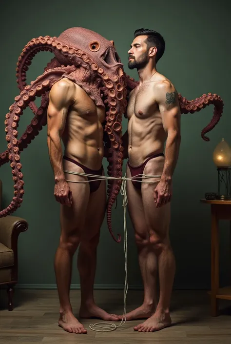 2 naked man tied and fucked by an giant octopus in room