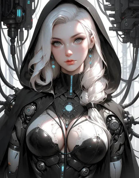 1girl, monochrome, greyscale, solo, breasts, hood, android, upper body, cable, lips, looking at viewer, cleavage, science fiction, hood up, , large breasts, nose, medium breasts, long hair, wire, cyborg, cloak, robot, mechanical parts, zPDXL3, detailxl, Sc...