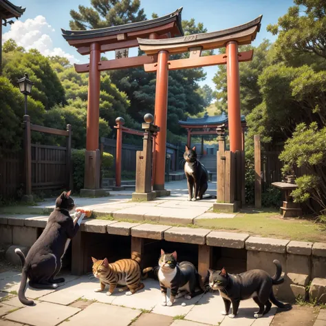 Realistic Cat，Fat Cat，Three-haired cat，In front of the torii gate，Im eating fried chicken