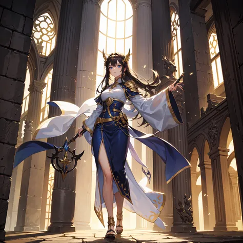 (((masterpiece, best quality, 16K)))((Full body shot)) of a fearless paladin with unparalleled beauty, featuring long, dark hair and striking blue eyes. She wears intricately designed draconic armor that glimmers with a mystical aura. Her armor is adorned ...