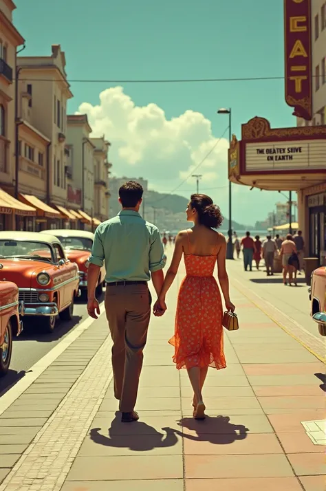 To create a realistic vintage scene of a couple strolling along Copacabana Beach in the year 1950, the image has to be with the strength of the time, old cars from the 1950s make clothes, advertisements, a movie theater showing the greatest spectacle. of t...