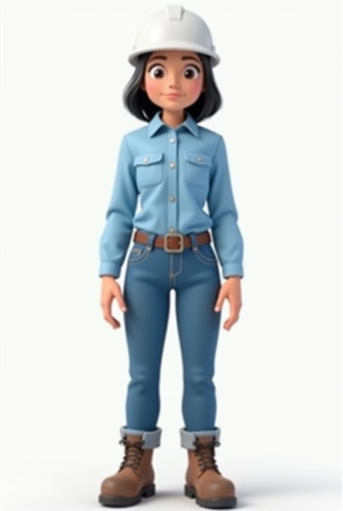 Animation of a female mining worker wearing a plain long-sleeved light blue shirt with two pockets on the chest, flat chest, jeans, white helmet, full body to the feet, with folded hands, wearing high safety shoes, trousers tucked into the shoes, black hai...