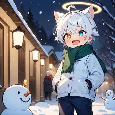 （masterpiece：1.2，high quality），8k，High resolution，A seven-year-old boy，cute boy，white hair，short hair，heterochromia，slit pupils， ahoge，cat ears，Halo，laughing， skin fang，Wearing a white coat，scarf，Dark blue pants， ，night， tree，，primary school student，thigh，...