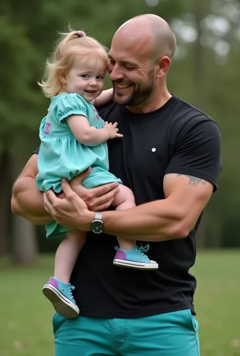 "strong father , bald,  with a black shirt and blue-green shorts ,  holds her 9-month-old daughter ,  in blue-violet sneakers and a turquoise dress. Love overflows in the gesture ." realistic photo for a Tik Tok profile 

