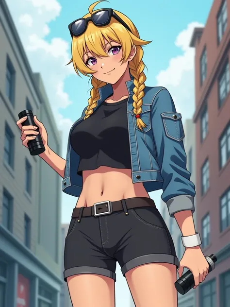 Anime style, female character, blonde hair, braids tied up, sports sunglasses, denim jacket, black shirt, black shorts, white socks and black sneakers, tanned skin, more mature woman, slight smile, holding a grenade, in a city.