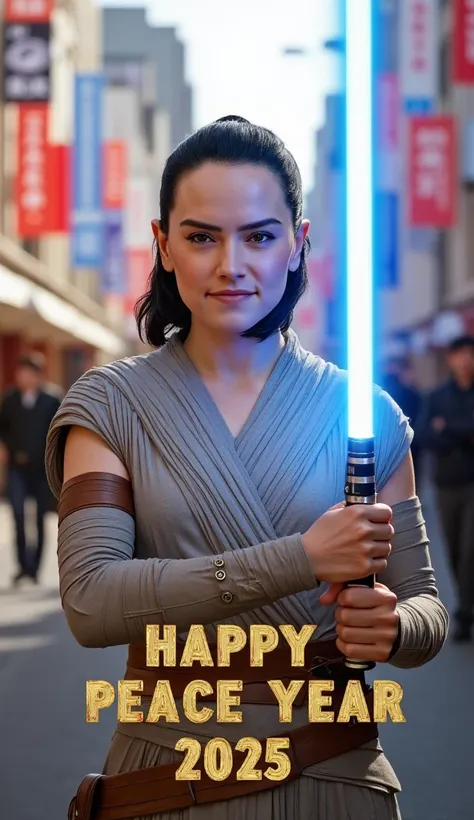 message word , Italic letter  "Happy New Peace Year 2025 " written  golden  decoration letters at the Bottom the screen   Front pose, standing pose,  right hand on hip, Front view, cowboy shot, Daisy Ridley,  middle hair, black hair, smile,  Star wars Rey ...