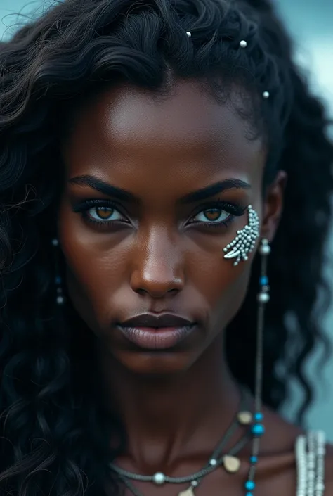 A close-up ultra-realistic portrait of the goddess Iemanjá with a fierce and commanding expression. Her dark skin is radiant, highlighting her divine power. Her piercing eyes are full of intensity, framed by thick, expressive brows, exuding strength and au...