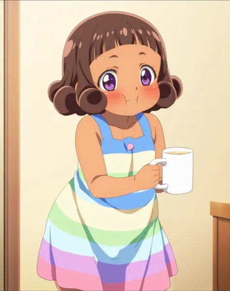 Early 2000s anime style screencap of an cute small teenager girl wearing a rainbow dress cute small  brown curly hair blunt bangs purple eyes dark brown skin tone shortstack body big head  big plump cheeks standing holding a mug cup _score_9_up, score_8_up...