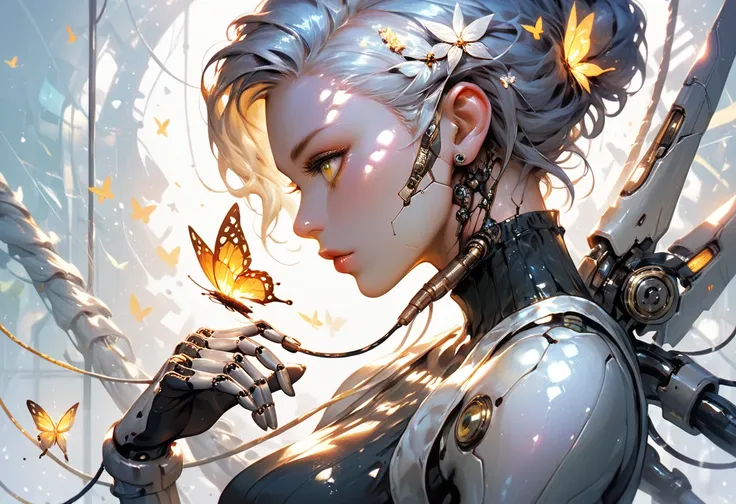 1girl, bug, butterfly, solo, android, yellow eyes, cyborg, mechanical parts, profile, cable, from side, lips, science fiction, butterfly on hand, portrait, colored skin, joints
