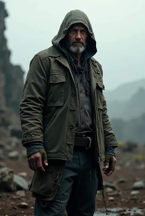 Create an image with a more post-apocalyptic touch of a guy in a hoodie, something darker Leader, mentor, 