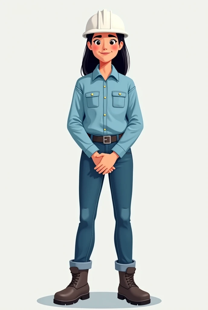 Animation of a female mining worker wearing a plain long-sleeved light blue shirt with two pockets on the chest, flat chest, jeans, white helmet, full body to the feet, with folded hands, wearing high safety shoes, trousers tucked into the shoes, black hai...