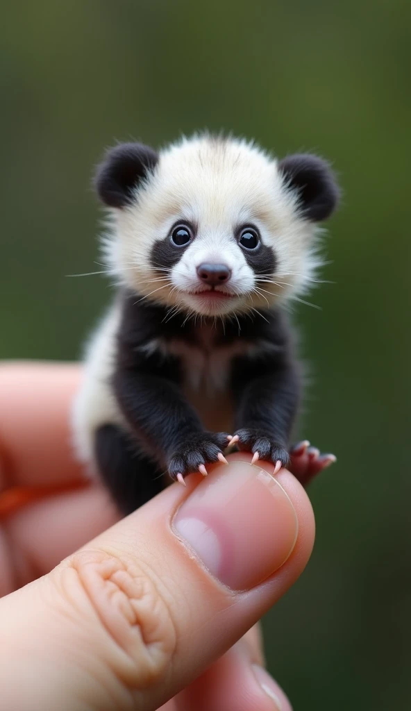 Create a hyper-realistic image of a tiny baby panda sitting on a human thumb. The pa is incredibly small, with wrinkled, gray skin and large, expressive eyes. It holds onto the thumb with its tiny, adorable feet. The scene is focused closely on the baby pa...