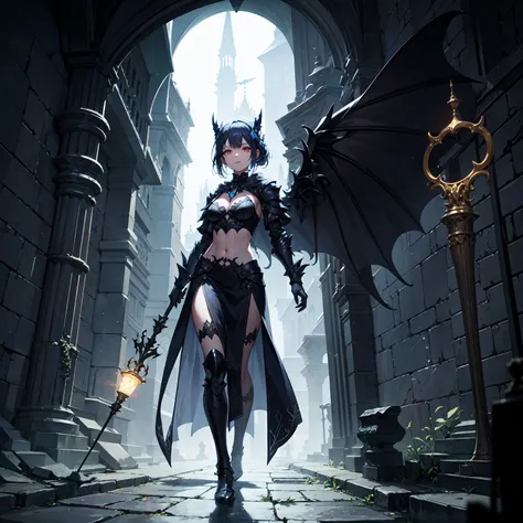 ((full body shot)) of a girl in detailed black gothic battle armor, standing in a completely dark environment. She has long white hair and glowing red eyes, with black angel wings, tattoos, and piercings. Her battle armor is intricately designed, revealing...