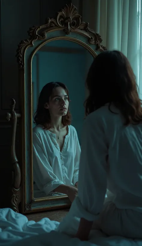 A women sitting on her bed and se saws a old mirror kept besides her bed,the mirror is of old age,dark mid night environment, women dressed in white shirt