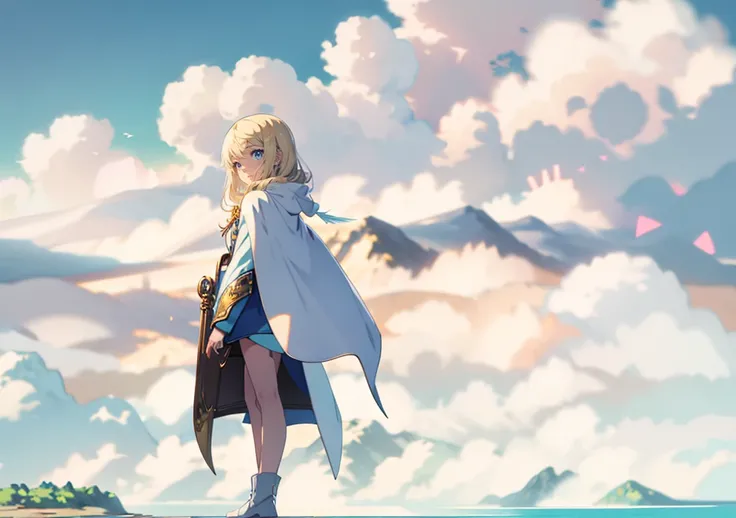 filo, (WithoutFear:1), 1 girl, blonde hair, blue eyes, white coat, light blue jeans, smile, nimble, light blue trident, blue cape, light blue mask, beach, wings, anime, standing, good quality, portrait, looking at viewer