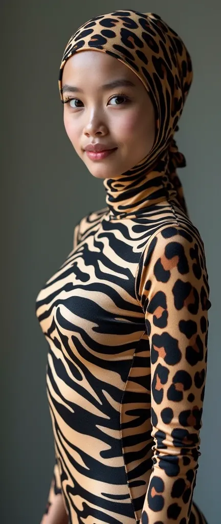 the most beautiful Asian Malysian muslimah contortion adult girl with beautiful cheeks wears clouded leopard print lycra turtleneck unitard catsuit and always wearing clouded leopard print lycra inner cap-like swimming hijab-like dancewear costume hijab.Ze...