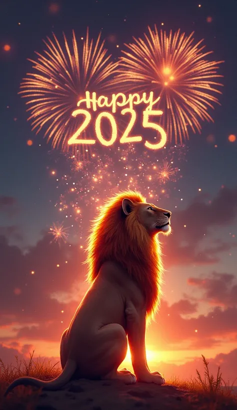 A real lion with a heart of fire that is watching the sky where you can see the fireworks and that says in the sky Happy 2025