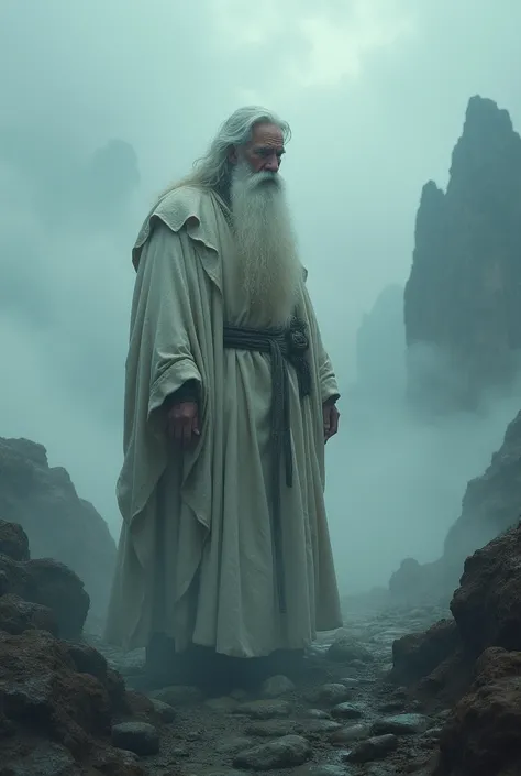 "Create a high-resolution masterpiece of an elderly white man with a long beard, wearing a robe. The scene is set in a fantastical fog, with beautiful landscapes surrounding him. Emphasize intricate details and a sense of magic in the atmosphere."