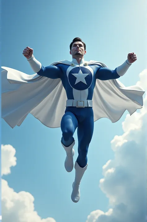 A man wearing a white and blue hero outfit ,  with a navy blue ball on his chest and an eight-pointed white star in the middle of the ball. Flying hero 