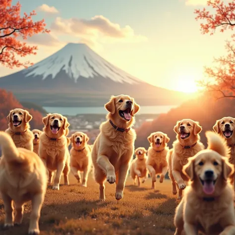  are excited and excited on the first sunrise of the New Year with a view of Mt. Fuji１２Golden retrievers 