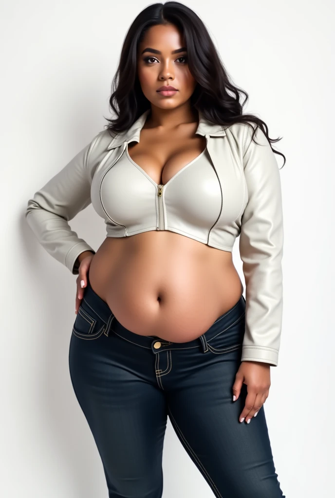 Woman of size M with a somewhat large belly made of very white leather wearing tight jeans and a tight white top 