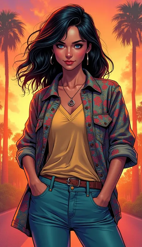 DISCREET image. with discreet casual clothes. different shirt.  image adult woman, american, comic book style. with a discreet SMILE. IMAGES WITH VIBRANT COLORS. with Colorful background