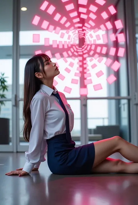 Sexy beautiful Japanese woman, self-defense officer uniform, white shirt, long sleeves, navy blue tie, navy blue pencil skirt, beautiful hip line, sexy Black patent high heels, She is lying on her side, Numerous very small pink glowing cubes are spiraling ...