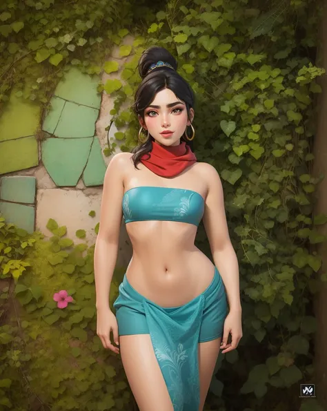 arafed woman in a bikini and a red scarf posing for a picture, inspired by reyna rochin, nature goddess, princess jasmine, inspired by Kahlo, loba andrade from apex legends, pocahontas, dua lipa, digital art. @mariomaniacdude, realistic bikini, fanart, ins...