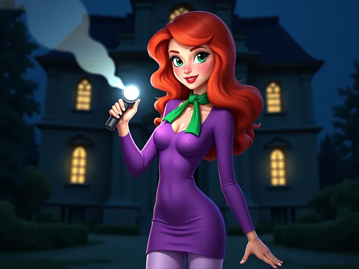 ** A vibrant and confident young woman with striking features **, Daphne takes a dramatic pose .  Yours distinctive red hair falls in soft waves up to her shoulders ,  perfectly combed with a touch of volume .  She wears her iconic purple dress ,  with a v...