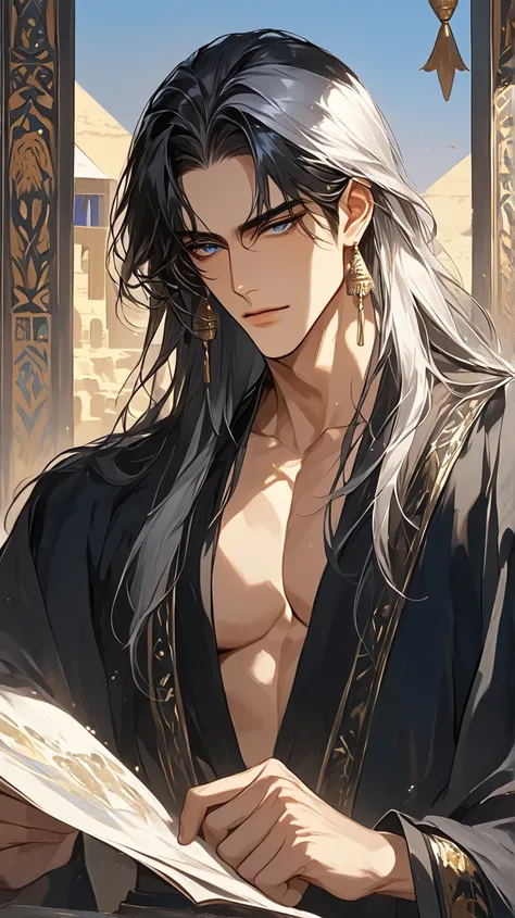 (score_9, score_8_up), long hair, masterpiece, best quality, 1 man , black-Silver hair , perfect face , blue eye , handsome male , Alone, adult male , delicate line drawingimpasto, masterpiece, high resolution, Top quality, unique , 1 male , nice , tanned ...