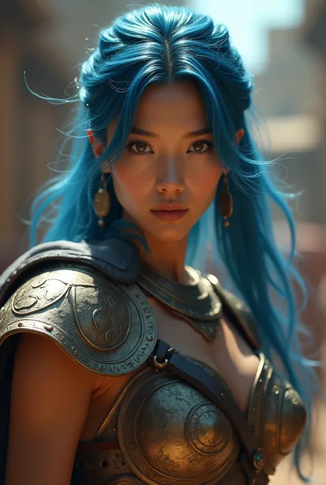 Upper body shot, Asian woman, Velvet Blue hair, closed mouth, Ancient Greek Hoplite armor, combat pose, dynamic pose, complex fantasy character, NSFW, cinematic lighting, fantasy, magic, detailed background, in an ancient Greek city, best quality, HDR, 8k,...