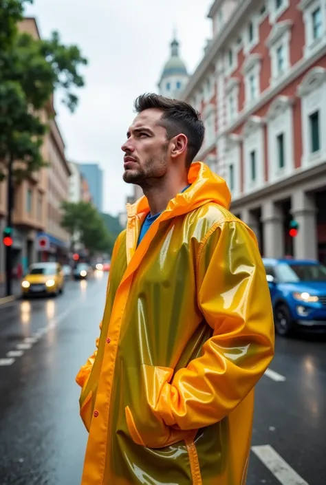 This man in the picture in front of the hotel in Rio de Janeiro waiting for an Uber car... Wearing a plastic raincoat.