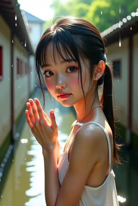 A live-action masterpiece、[reality];[8k]路地裏の水路で 可愛い日本の中学bornぐらいの女、現実的な beautiful肌、Real human skin 、Washing her crotch ,  wet.  she looks up while shyly and opens her crotch slightly、 New Years Eve 、photograph、 Aesthetic Full Body 、born々 Beautiful Womens Gr...