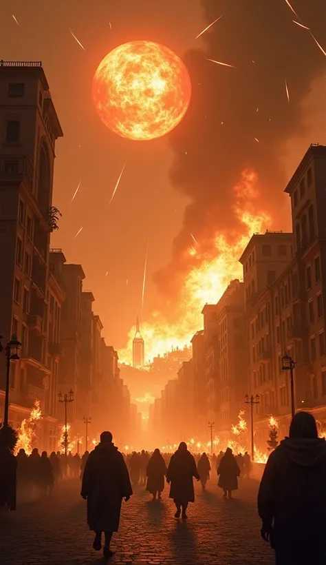 epic scene,  fireballs falling from the sky , city on fire, smoke, at night.  Set in biblical times 