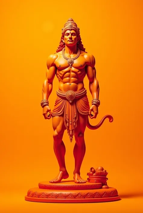 A majestic and enormous depiction of Hanuman with a sindoori (vermilion) colored body, displaying great strength and divine energy. The background is vibrant saffron (bhagwa) to enhance the spiritual aura. Hanumans muscular build is detailed and powerful, ...