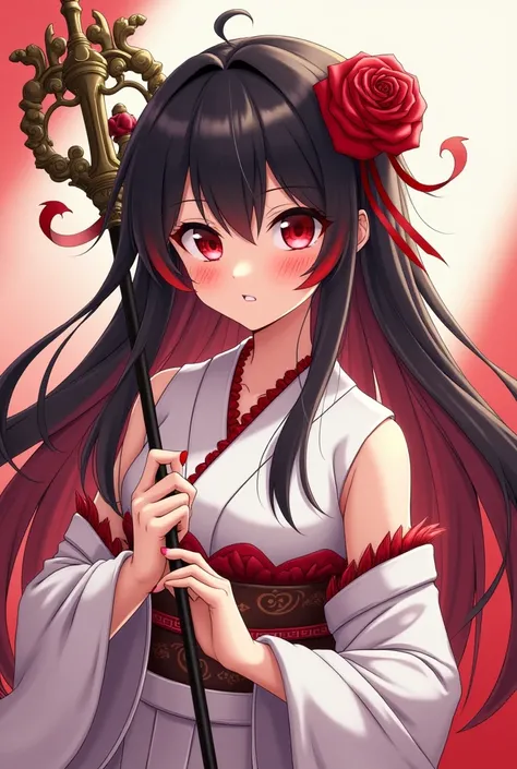 Make me an anime demon
With a white kimono in the shade of roses and exposing her chest area 
Her hair is long black and red at the ends 
Her hair is in a bundle and there is a conde skewer that has the shape of a lions head
Her eyes are red and on the rig...