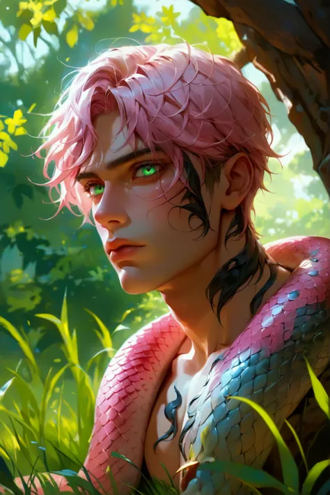 (((masterpiece))), (8k), (pseudo realism), (intricate details), (full body focus), (full body photo), (view from above), 1male, young, toned and sexy male (1.6), snake-man, long pink hair, glowing green eyes, vertical pupils, sultry features, pouty lips, s...