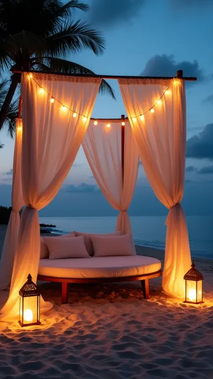 A cozy beachfront canopy setup at twilight, featuring soft white drapes adorned with warm string lights. A round bed with plush pillows sits inside, surrounded by vintage lanterns casting a soft, inviting glow on the sandy beach. The serene ocean and silho...